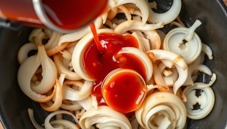 Best way to cook onions: topside view of onions in pan with red sauce.