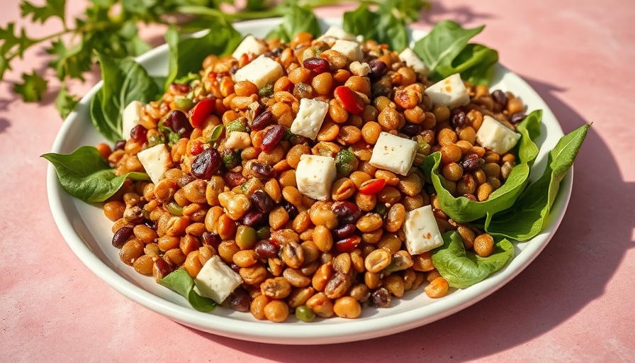 Vibrant high-protein lentil salad with greens and nuts on pink surface