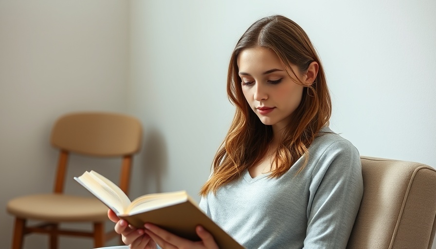 Young woman reading book, promoting brain health.
