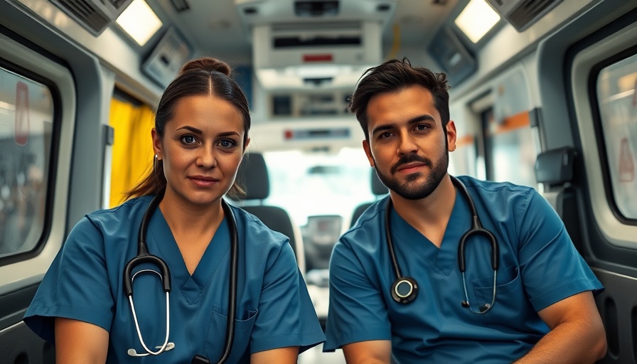 Healthcare professionals discussing foot pain relief in an ambulance.
