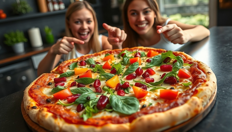 15-minute no-knead pizza with vibrant toppings and smiling individuals.