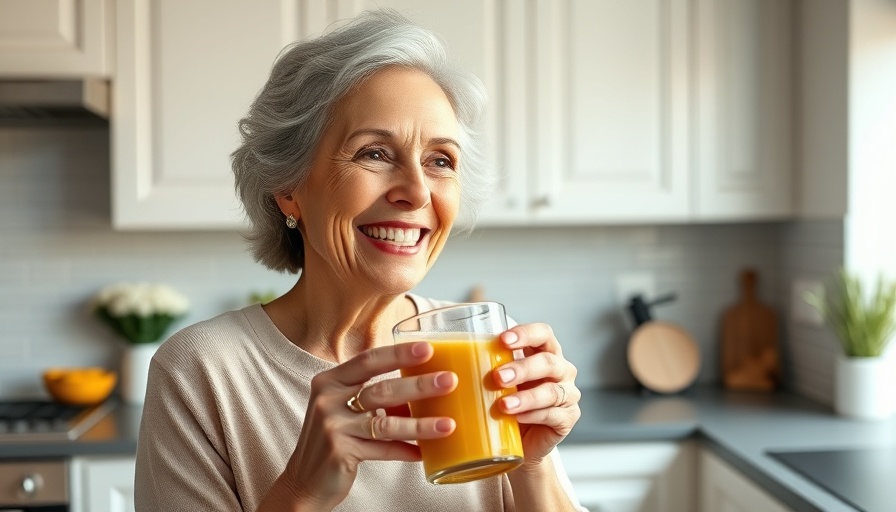 Older woman enjoying a smoothie in a modern kitchen.