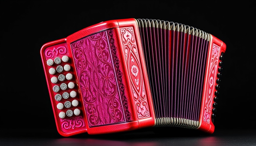 Colorful accordion with pink keys and bellows.