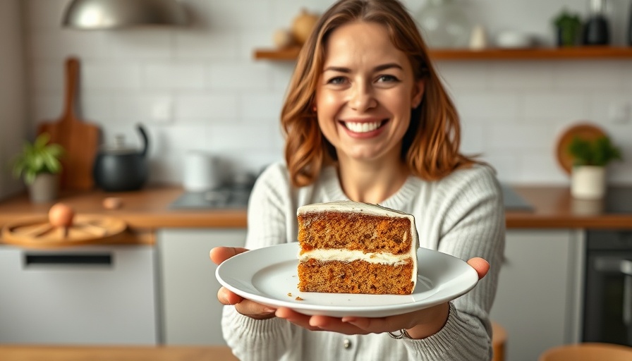 Woman holding a slice of low carb carrot cake in a kitchen.