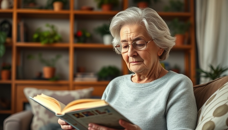 Older woman sitting on couch reading for mental health benefits.