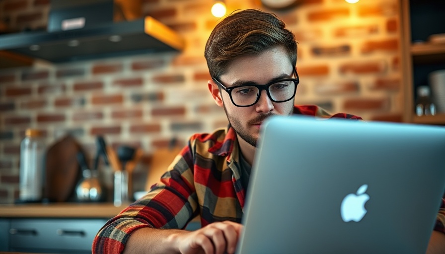 Focused young adult with glasses using a laptop in cozy kitchen, 20-20-20 rule for eye strain