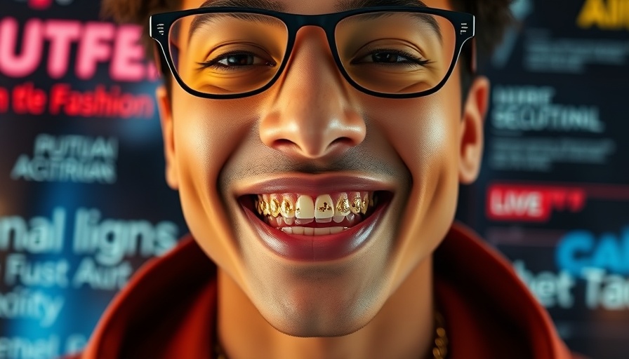 Man with gold Invisalign trays in video discussing dental fashion