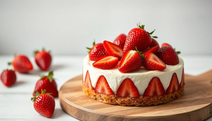 Round cake topped with strawberries, emphasizing healthy eating.