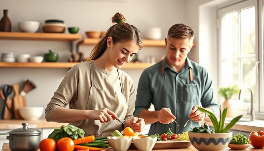 Young couple cooking healthy meal in kitchen for gut health.