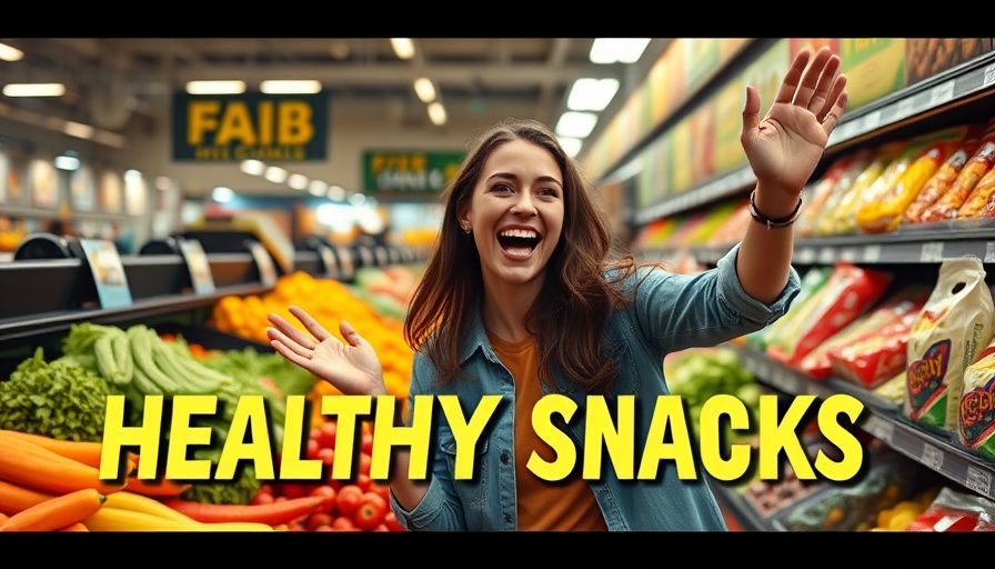 Excited young woman promoting low carb snacks in supermarket