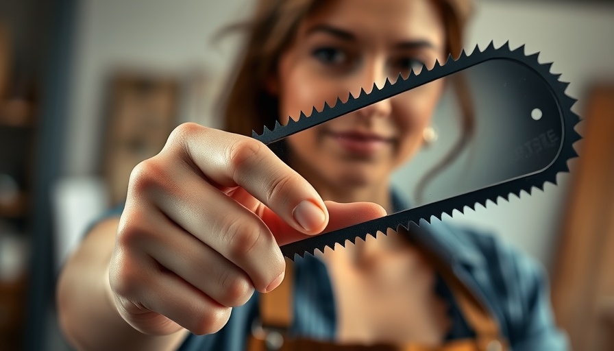 Cast saw blade above skin demonstrating safety with woman in background.