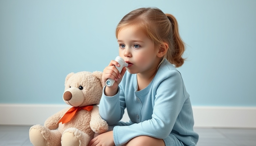 Young girl using inhaler by a teddy bear, representing childhood asthma prediction.
