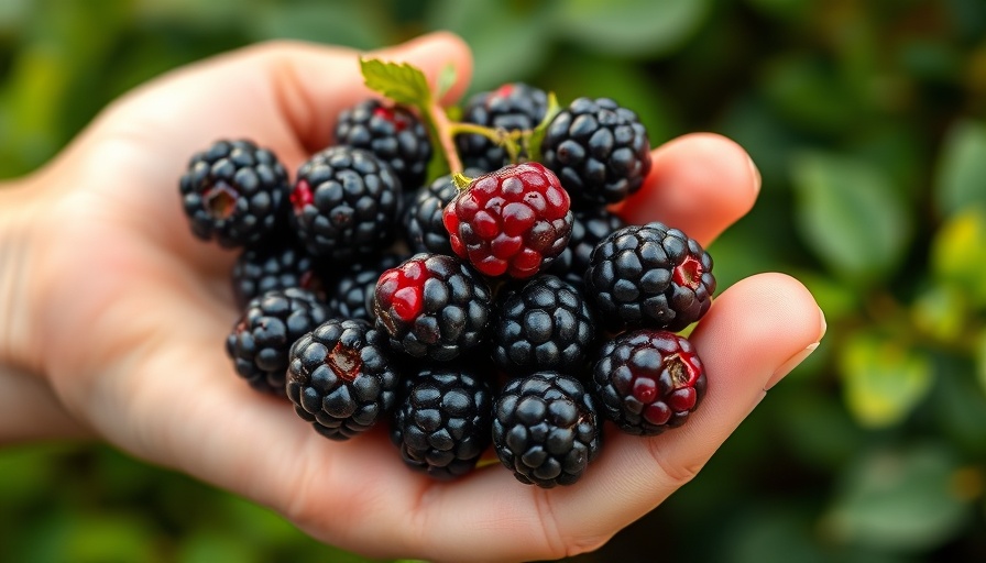 Hand holding ripe blackberries outdoors, showcasing health benefits.