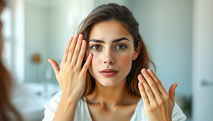 Young woman checks skin rash in mirror for diagnosis.