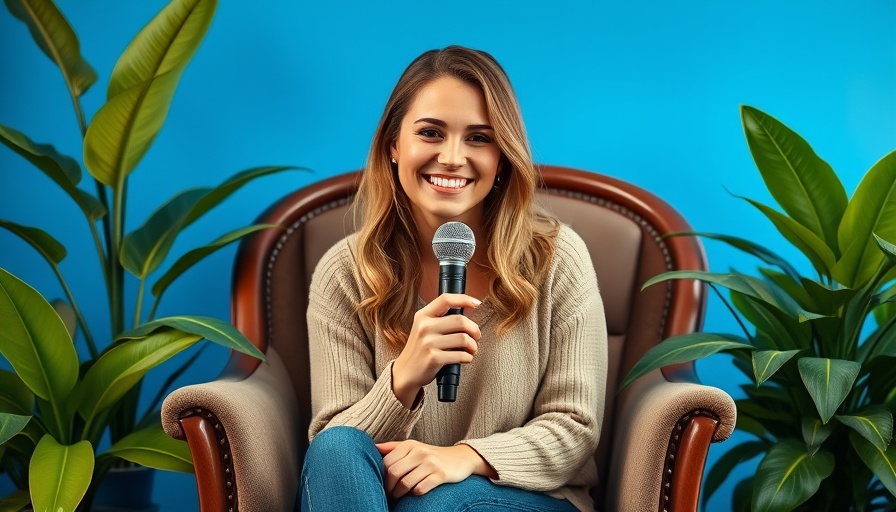Smiling woman in relaxed setting with greenery and blue backdrop, discussing superfoods for health.
