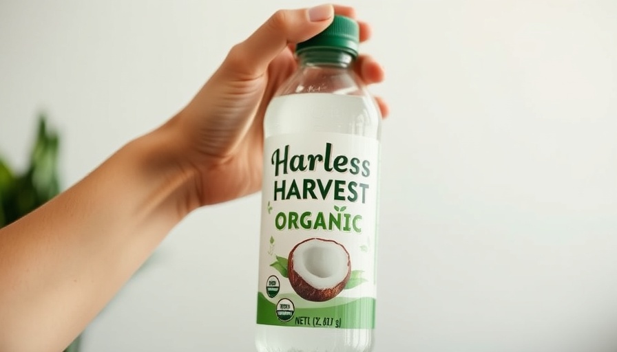 Close-up of Harmless Harvest organic coconut water bottle indoors.