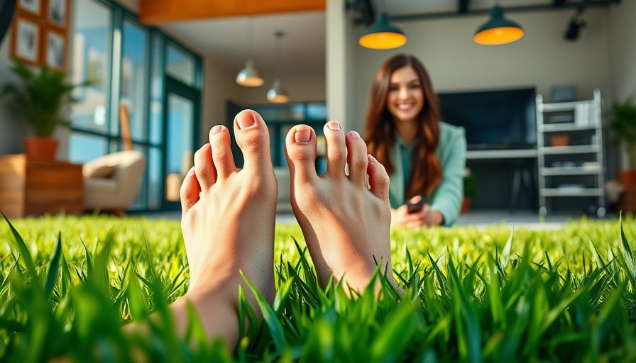 Toe BBL concept with feet on grass and woman smiling.