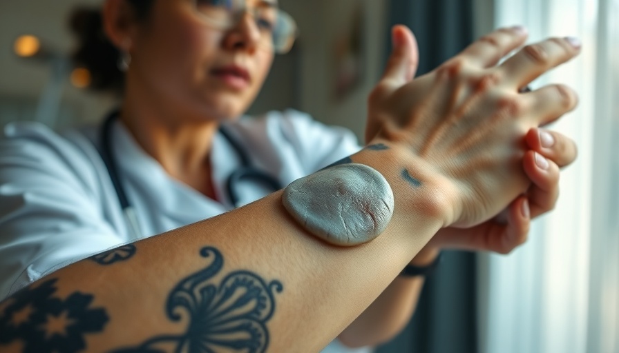 Professional discussing rash treatment next to a blistered tattooed arm.