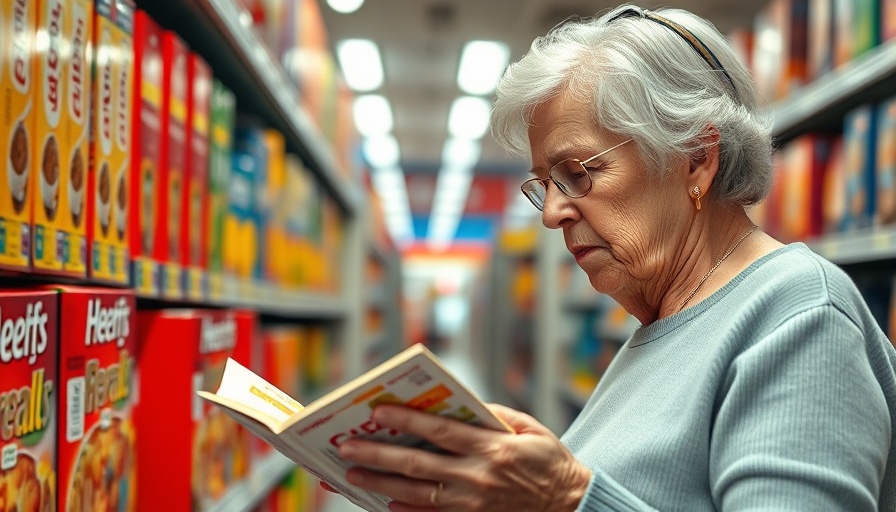 Elderly woman inspecting cereal box in supermarket aisle.