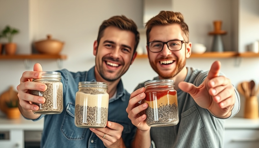 Enthusiastic men showcasing healthy breakfast ideas with chia seed puddings.