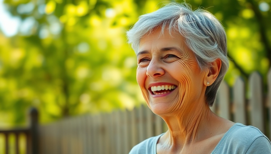 Cheerful older woman smiling outdoors, proactive healthcare focus.