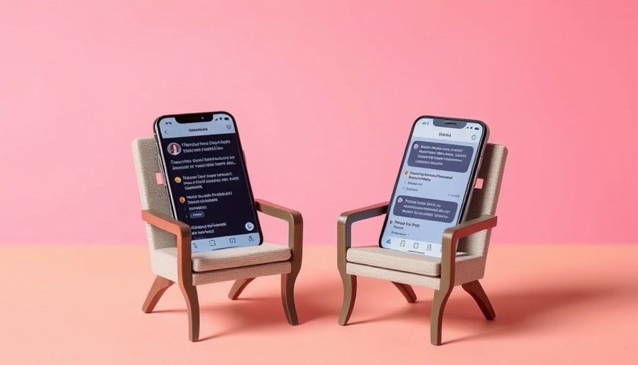 AI chatbots for mental health support concept with phones on chairs.