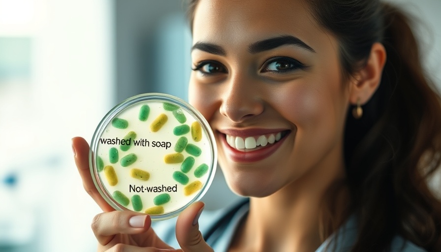 Importance of washing hands: woman presents clean vs. unwashed petri dish.