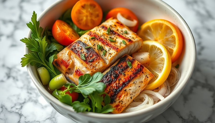 Mediterranean diet bowl with salmon, promoting mental health.