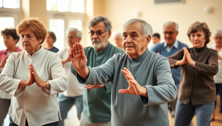 Older adults practicing tai chi indoors for well-being and memory.
