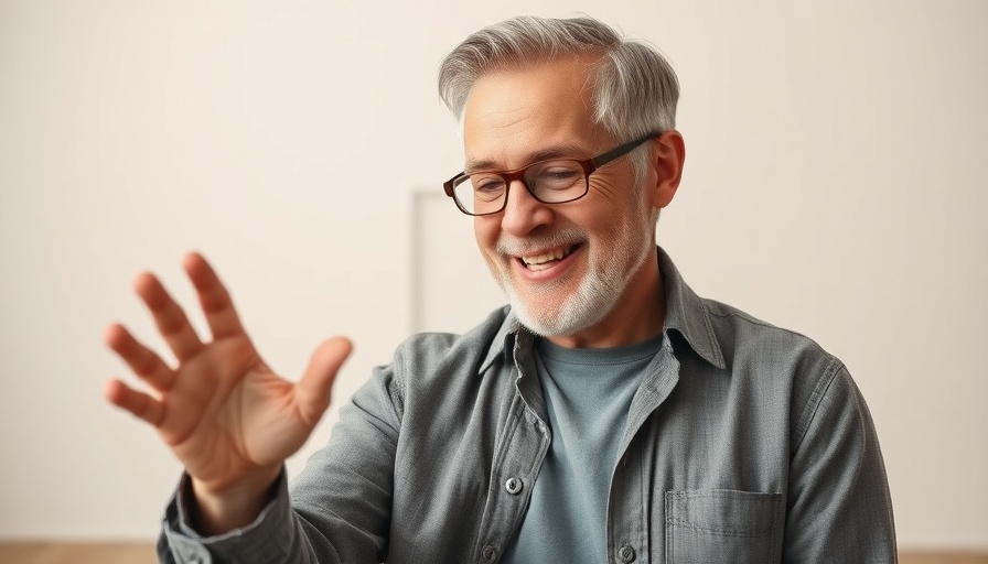 Middle-aged man humorously using forbidden itching technique.