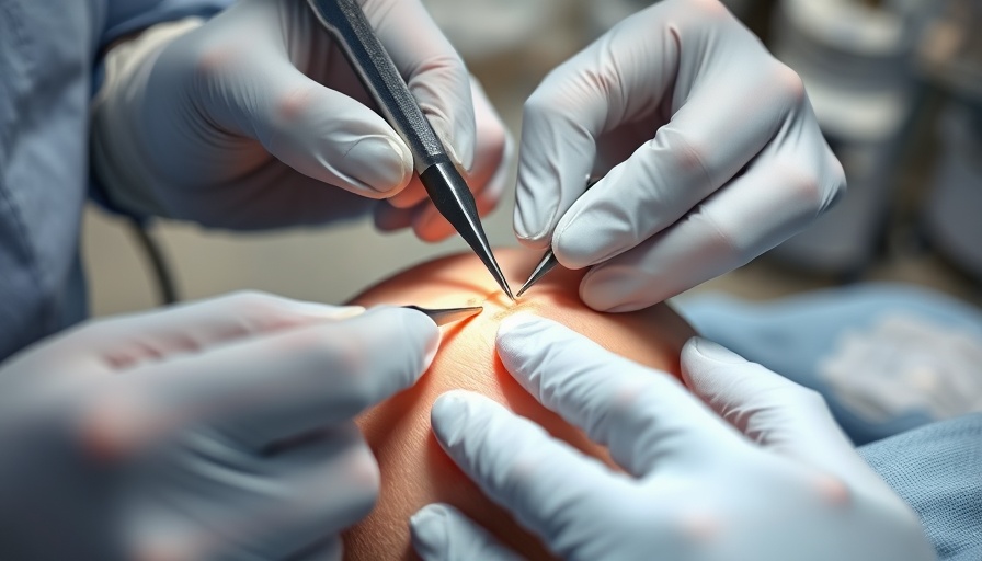 Medical procedure with gloves on skin lesion, bright lighting