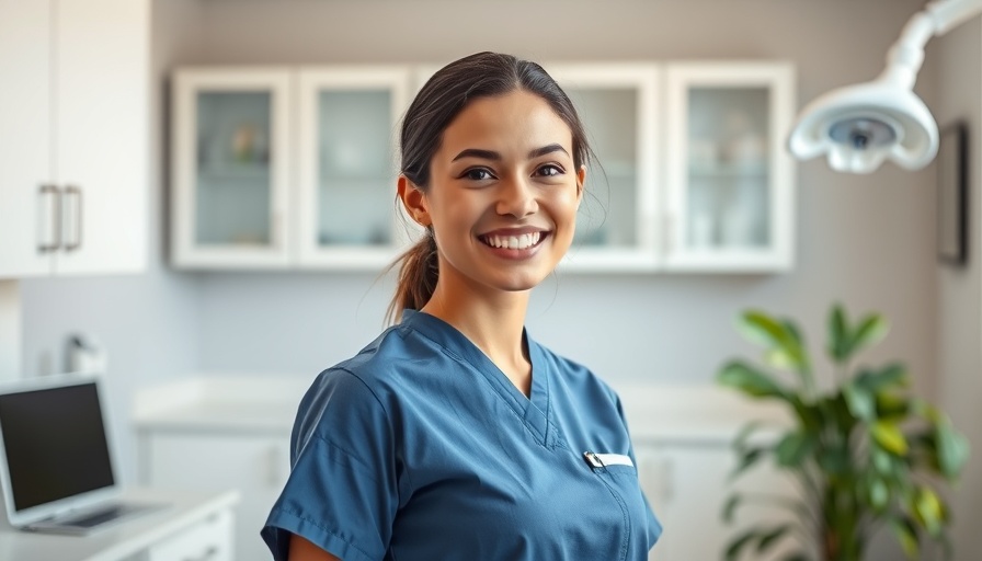 Confident dental professional smiling in modern clinic.