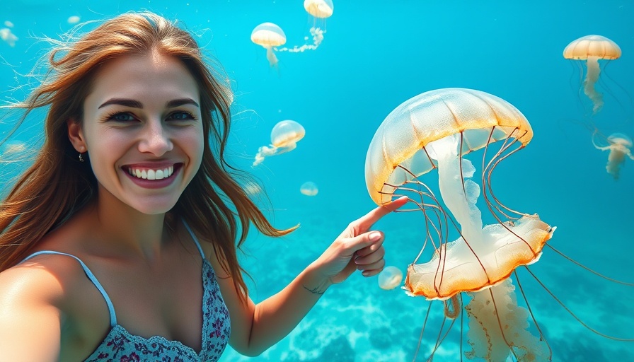Smiling woman pointing at jellyfish in ocean, related to foot health tips.