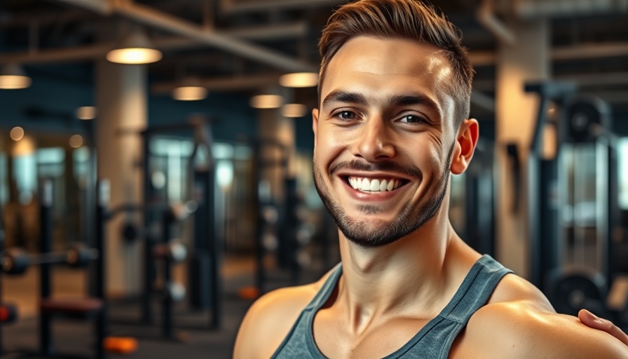 Athletic man smiling in gym with strength training equipment