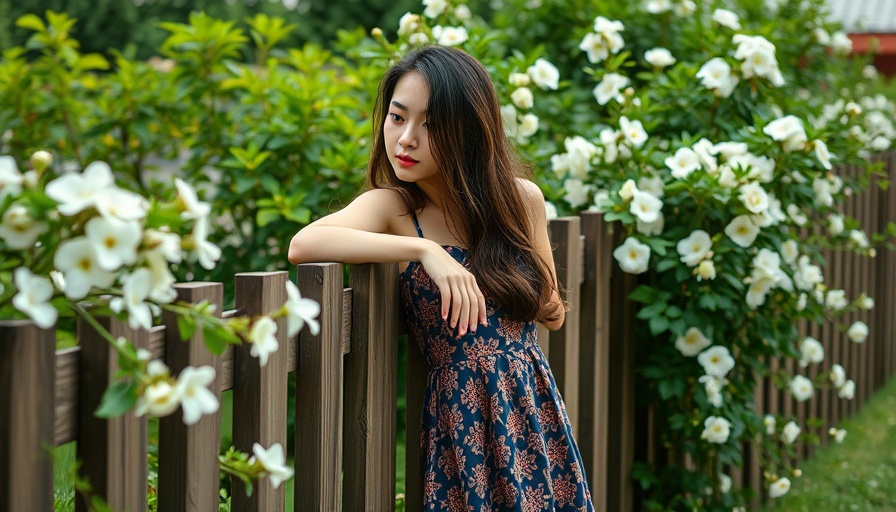 Young woman in a patterned dress by a fence surrounded by greenery.