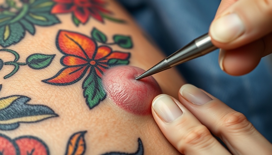 Colorful tattooed skin with tool during lipoma removal, showcasing skin health.