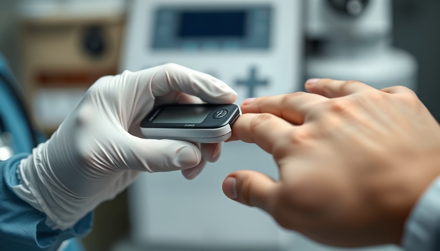 Healthcare professional using glucometer in clinical setting for diabetes checkup.