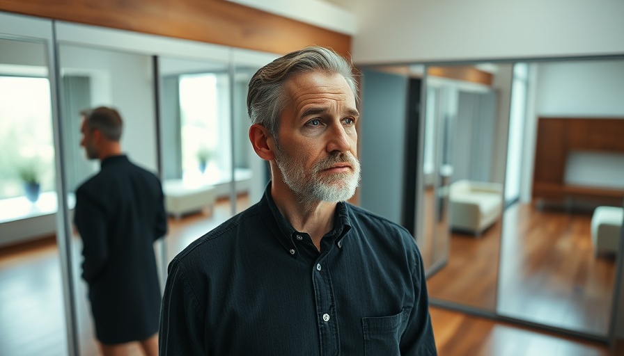 Middle-aged man reflecting in mirrored doors in bright room.