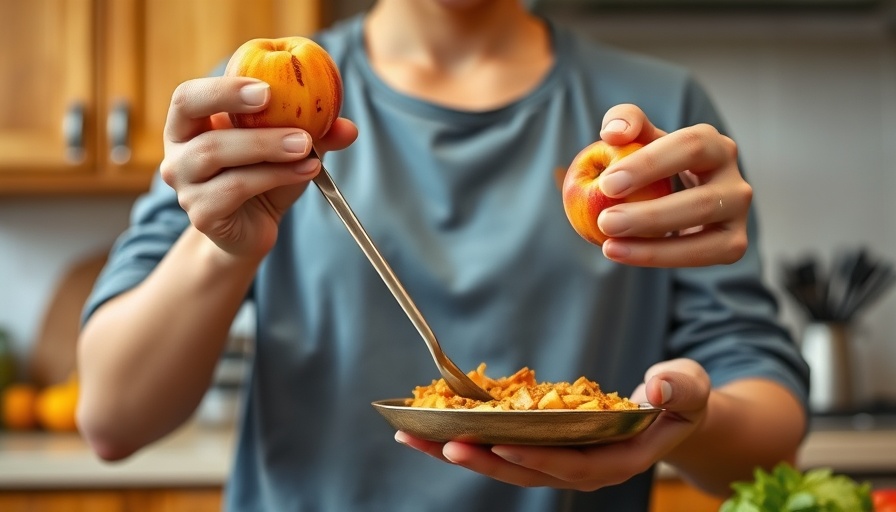 Healthy lunch preparation with a peach in a kitchen
