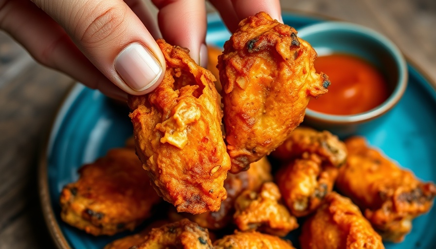 Texture of plant-based buffalo wings being pulled apart.