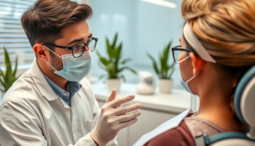 Concerned dental patient discussing latex allergy with dentist.