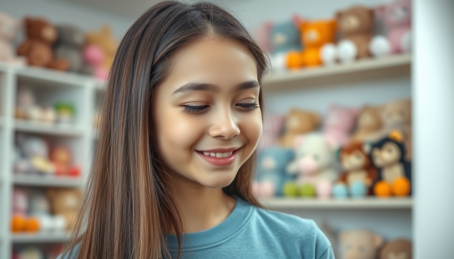 Woman posing indoors with a subtle smile in a plush toy-filled room.