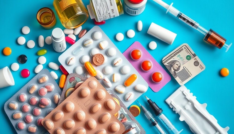 Pills, syringes, and money on blue background symbolizing health care approvals.