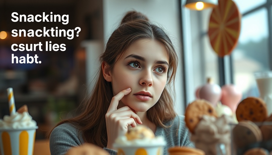 Woman contemplating snacking habits for weight loss, surrounded by sweets.