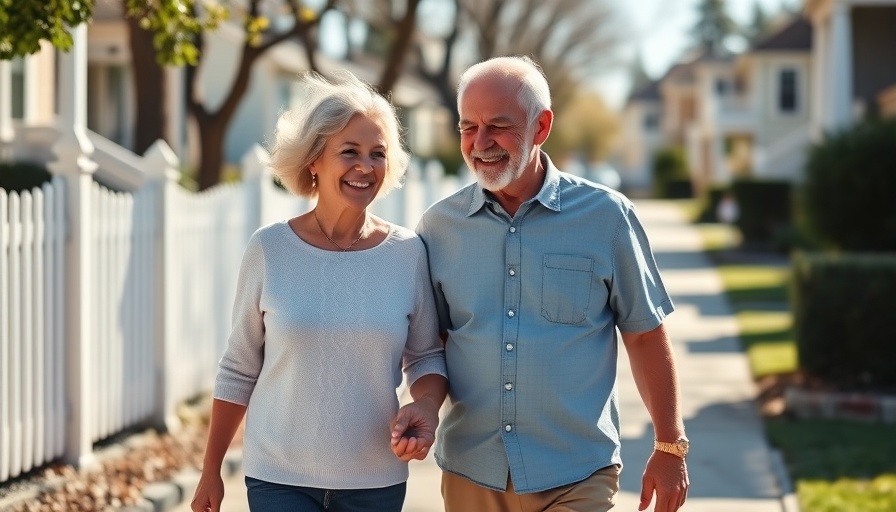 Older couple enjoying a brisk walk for brain health in a neighborhood.