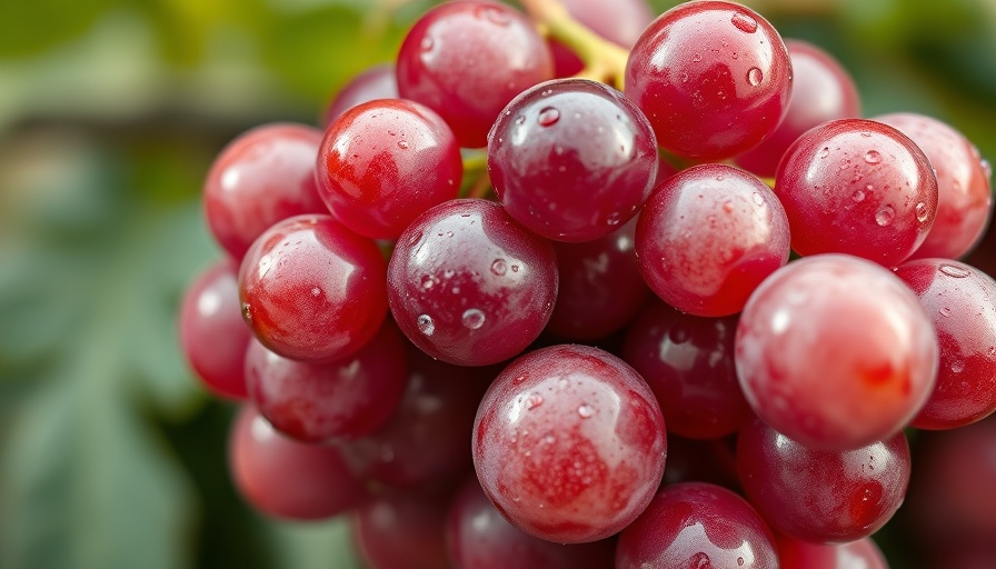 Close-up of dewy red grapes, emphasizing health benefits.