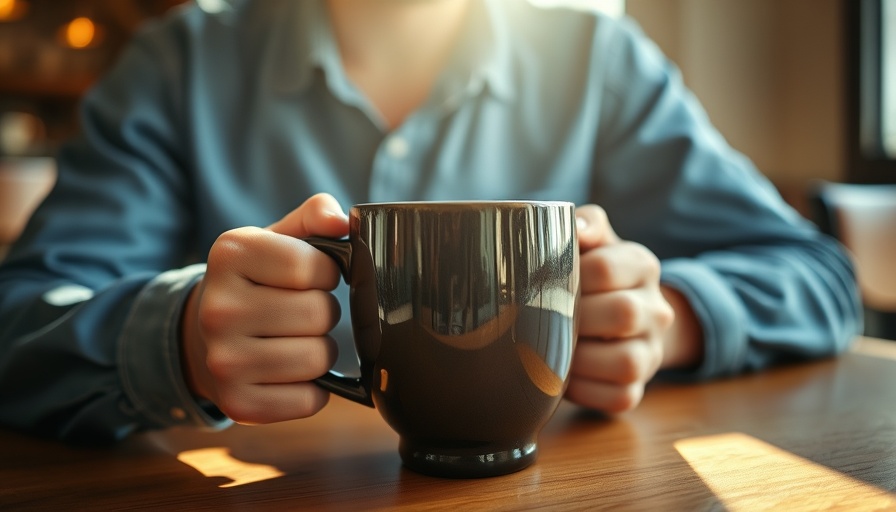 Person holding a mug of black coffee, warm sunlight.