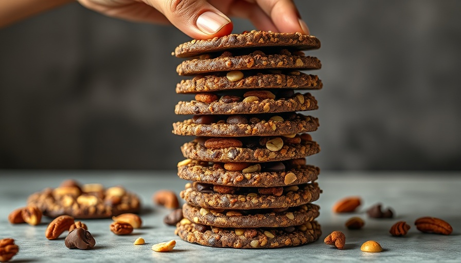 Healthy snacks stacked, held by hand, on a countertop.