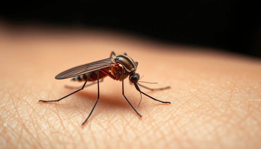 Mosquito drawing blood, West Nile Virus case illustration.