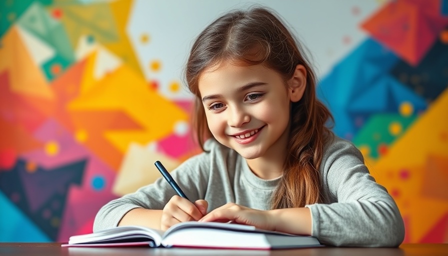 Children's mental health depicted through a focused child writing, vibrant background.